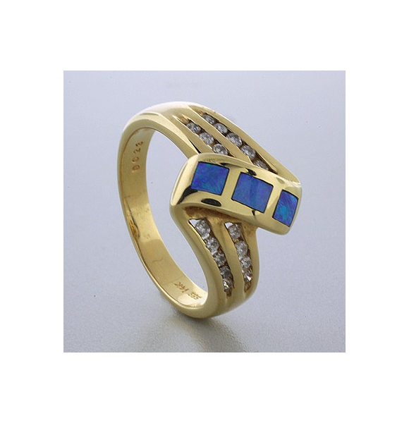 14k Solid Yellow Gold Australian Blue Opal Diamond Ring