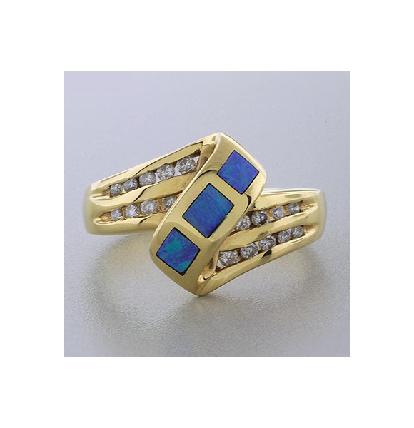 14k Solid Yellow Gold Australian Blue Opal Diamond Ring