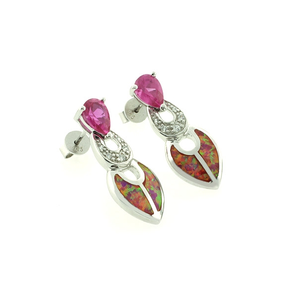 Aretes de Plata .925 con Piedras de Zafiro Rosa y Ópalo